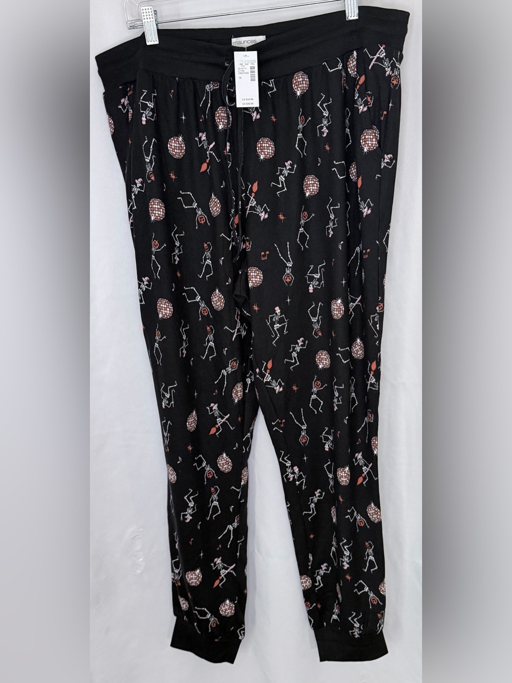 Maurices Black Pajama Pants with Pink and Tan Disco Skeleton Print 1X